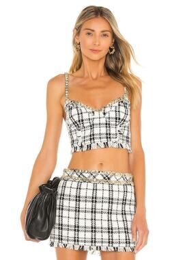 NBD Mariska Tweed Bustier Top and Mini Skirt Set White Black Gold Chain Size S